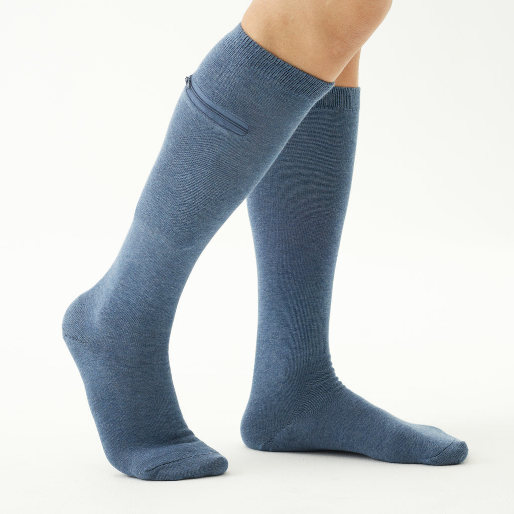 Unisex Knee High-Length Bamboo Zipper Pocket Travel Socks-All